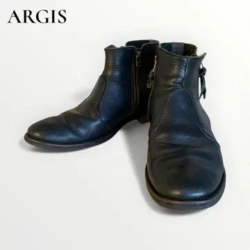 ARGIS: 천연 가죽 가죽 부츠 사이드 지퍼 블랙 숏부츠 모드 스타일