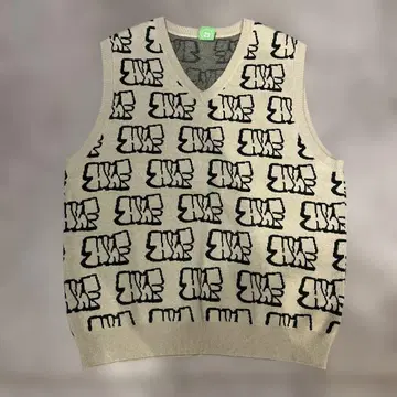 베이지 그래픽 프린트 V넥 베스트
