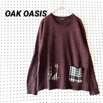 오크 오아시스 고양이 자수 니트 체크 포켓 L 사이즈 브라운 믹스