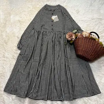 새상품 개더 원피스 넬 블랙 아이보리 체크 M~L