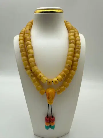 희귀품 낙타 뼈 목걸이 재물운 염주 개운 부적 108알 구리 못 상감