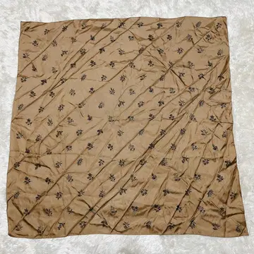 실크 100% 스카프 77cm 정사각형 브라운 미니 꽃무늬 고급 실크