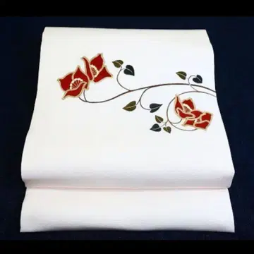 새상품 나고야 오비 화이트 시오제 금채 순수 실크 빨간 꽃 덩굴 패턴