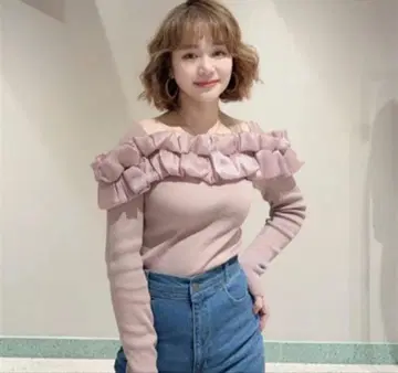 SNIDEL 디자인 프릴 니트 TOPS 핑크