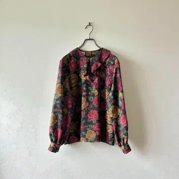 구제 의류 꽃무늬 블라우스 프릴 포멀 결혼식 레트로 장미 포멀 블랙