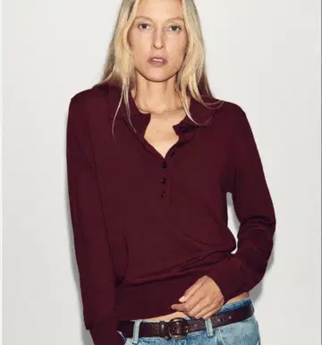 ZARA 버건디 플레인 니트 폴로 스웨터