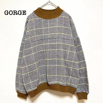 골지 니트 풀오버 모크넥 체크 무늬 브라운 리브 루즈핏