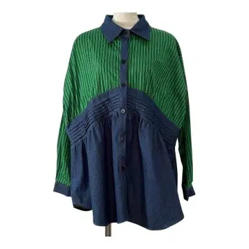 그린 스트라이프 x 데님 절개 셔츠 튜닉 기장 핀턱 장식 개성파