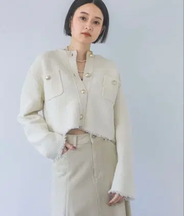 [컨디션 최상] 프린지 트위드 가디건 / 노카라 자켓