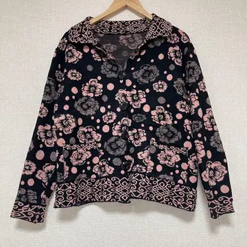 꽃무늬 노카라 자켓 블랙 핑크 블랙 아우터 두꺼운 원단 니트