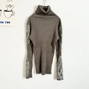 소매 레이스 터틀넥 리브 니트 상의 타이트 엘레강트 레이온