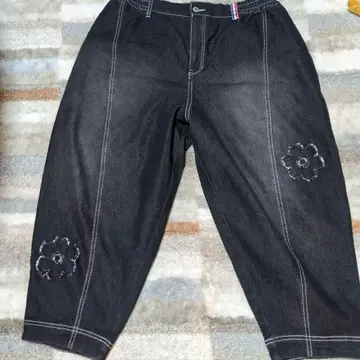 다크 데님 꽃 자수 캐주얼 팬츠