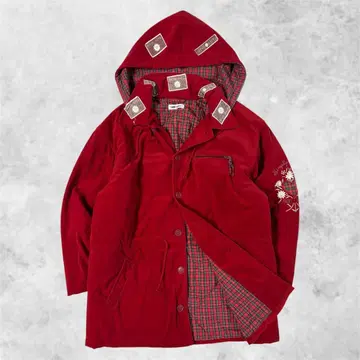 [ 개성파 ] 후드티 롱 코트 자수 와펜 빨간색 M 체크 무늬 꽃무늬