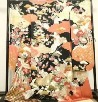 후리소데 기모노 꽃무늬 학 블랙 오렌지