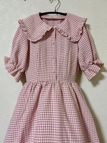 아오키 미사코 시마무라 핑크 깅엄 체크 반팔 원피스