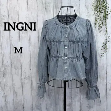 잉그 데님 셔츠 M 셔링 볼륨 소매 리본 프릴 블루