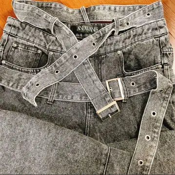 ANDWANG 와이드 데님 double belted denim pants