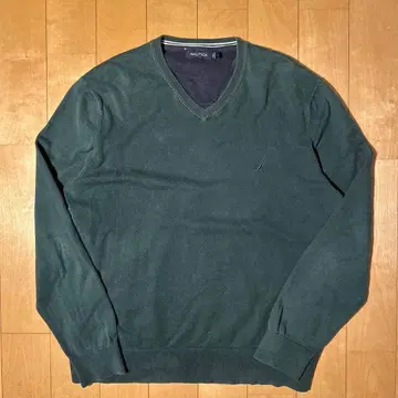 NAUTICA V넥 니트 그린 L 코튼 니트 페이드 구제 의류