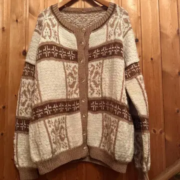 기하학 패턴 손뜨개질 울 니트 가디건 아이보리 x 브라운 계열 빅