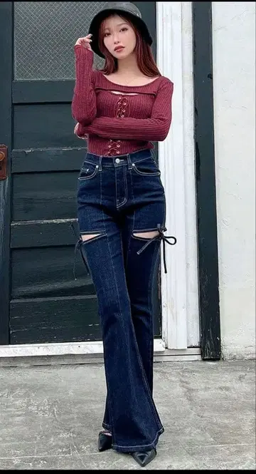 리젝시 컷아웃 리본 데님 팬츠