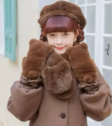 아오키 미사코 곰 티펫 장갑 2세트 미튼 장갑 브라운 새상품 브라운