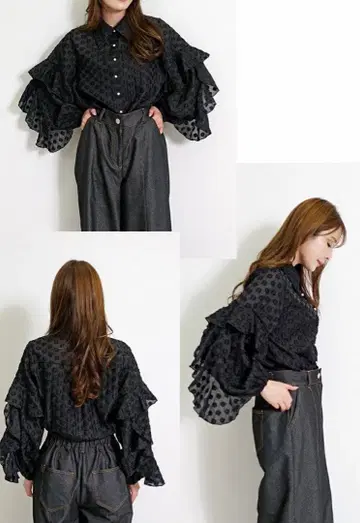 시어 셔츠 도트 무늬 프릴 블랙 M
