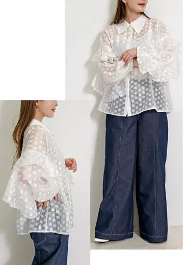 시어 셔츠 도트 무늬 프릴 화이트 M