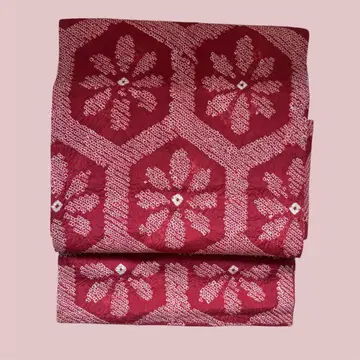 나고야 오비 시보리 거북이 등 무늬 꽃 빨간색 다이쇼 로망 앤티크