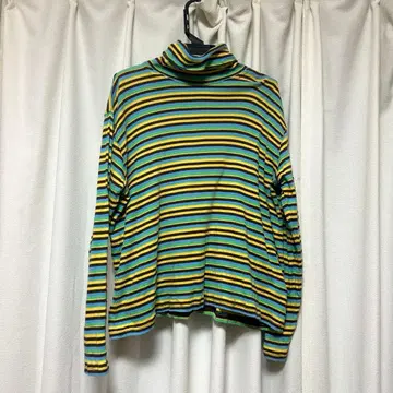 빔즈 보이 멀티 보더 리브 터틀넥 티셔츠 그린