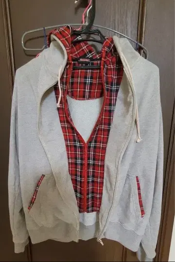 디키즈 그레이 빨간색 체크 무늬 후드티