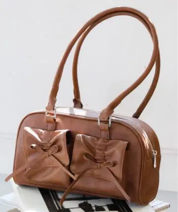 셔링 리본 브라운 핸드백