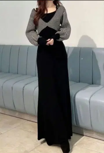 RESEXXY 하운드 투스 니트 원피스 블랙