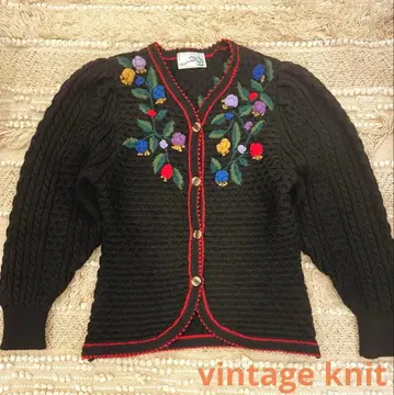 vintage knit 가디건 티롤리안 입체 작은 꽃 자수 퍼프 슬리브