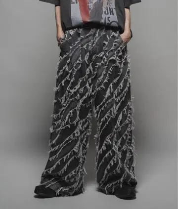 프린지 자카드 배기 데님 그레이 L 사이즈