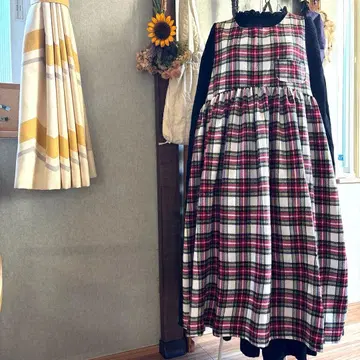 타탄 체크 슬리브리스 개더 원피스 코튼 원단 핸드메이드