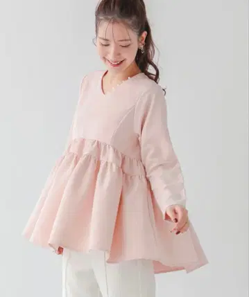fitmore V넥 펄 개더 플레어 상의 핑크