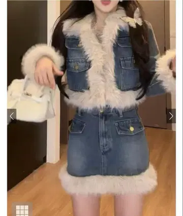 숏 기장 자켓 x 미니 스커트 퍼 데님 셋업 gu286