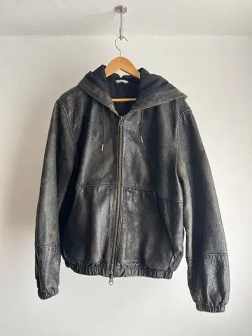 [ 레어 천연 가죽 100% ] ZARA 워시드 램 가죽 후드티