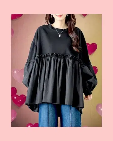 블랙 루즈핏 벌룬 소매 튜닉 L~XL