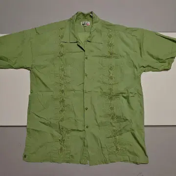 Chic Elegant XL 그린 자수 반팔 쿠바 셔츠