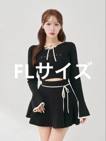 Darich 허리 오픈 리본 디자인 니트 미니 원피스 BLK FL