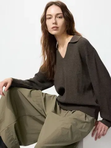 25AW UNIQLO 워셔블 니트 리브 폴로 스웨터 브라운 XL