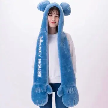 디즈니 미키 퍼 팬캡 스카이블루 모자 장갑 머플러