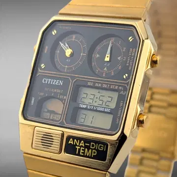 [새상품 배터리 작동] 시티즌 아나디지템프 골드 블랙 다이얼 정품 벨트
