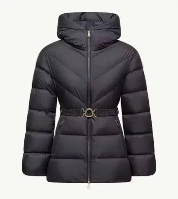 블랙 다운 자켓 후드 부착 허리 벨트