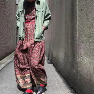 오오시마 레이 레이온 블록 프린트 맥시 원피스