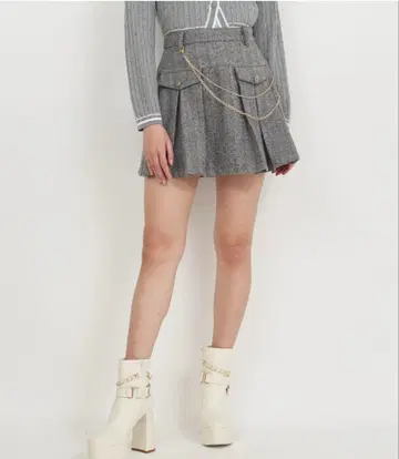 로얄 파티 체인 부착 헤링본 턱 플리츠 미니 스커트