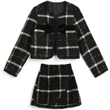 트위드 체크 무늬 리본 자켓 x 미니스커트 셋업[gn556]