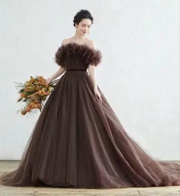 하츠코엔도 JILL 스타일 브라운 오프숄더 컬러 드레스 9~11호