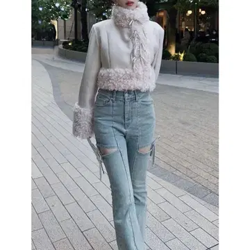 RESEXXY 컷 아웃 리본 데님 팬츠 아이스 블루 S 사이즈